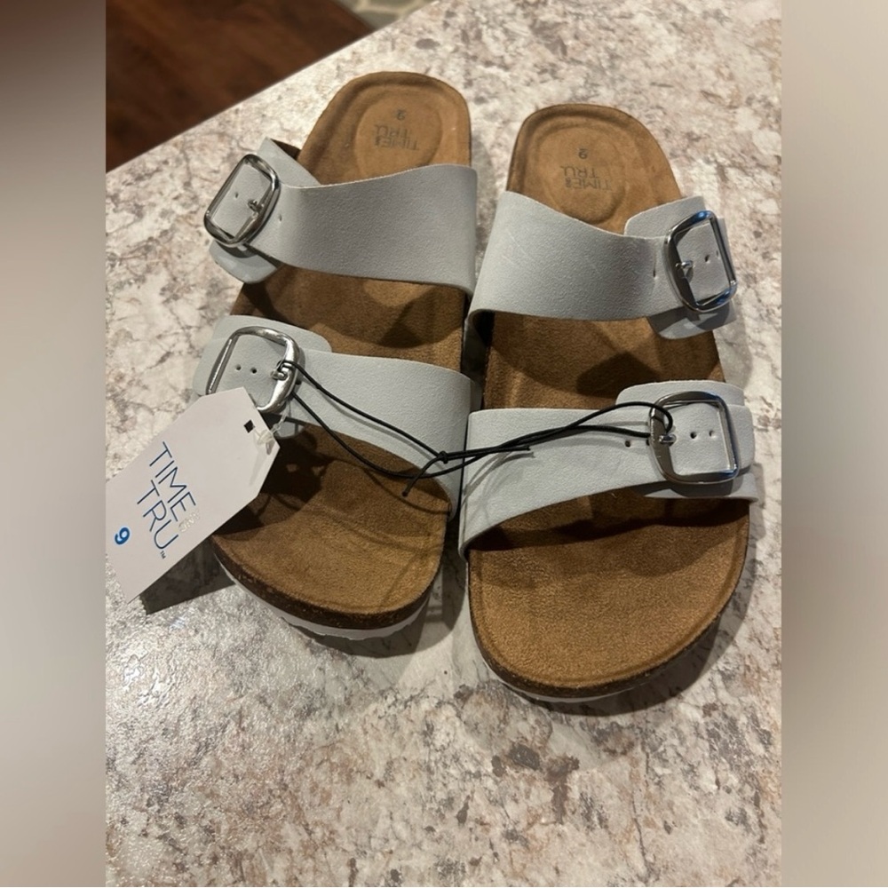 Time and Tru Buckle Slide Sandals Gray Faux Leather Size 9 NWT